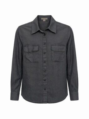 Go Silk Women's Petite Button-Up Shirt Black PM 100% Linen Long Sleeve Collared